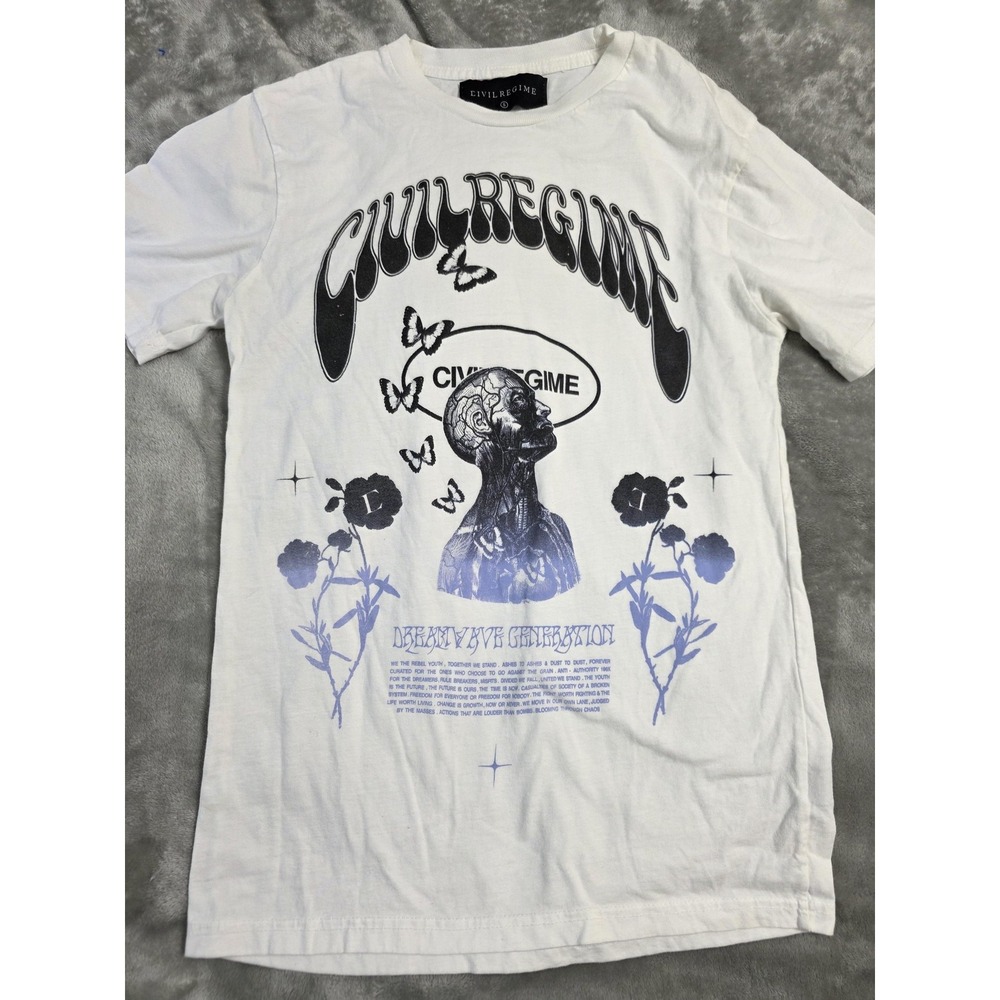 Civil Regime Shirt Mens Small White Skull Roses Butterfly Graphic Tee Streetwear